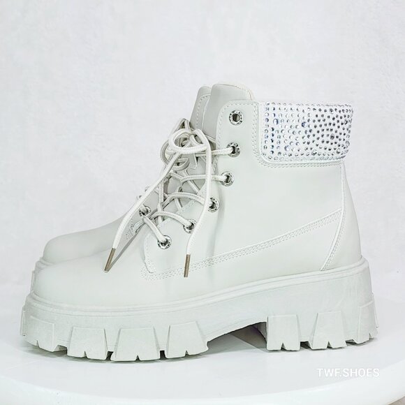 Teck Off White Combat Ankle Work Boots With Rhinestone Cuffs New - Picture 7 of 10